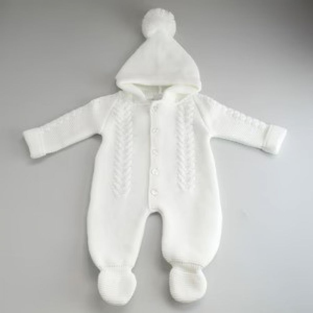 DANDELION Hooded Knitted Pramsuit "White" NB/ 0-3/ 3-6